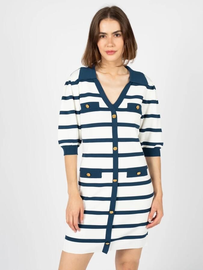 Silvian Heach Korte Gestreepte Jurk met V-hals en Contrast Kraag Gestreepte Korte Jurk Korte Gestreepte Jurk Blue Red Black Dames