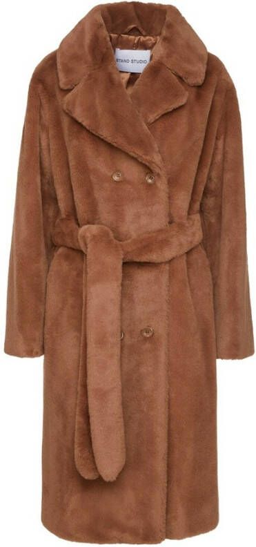 Stand Studio Khaki Nepbont Dubbelbreasted Jas met Riem Beige Dames