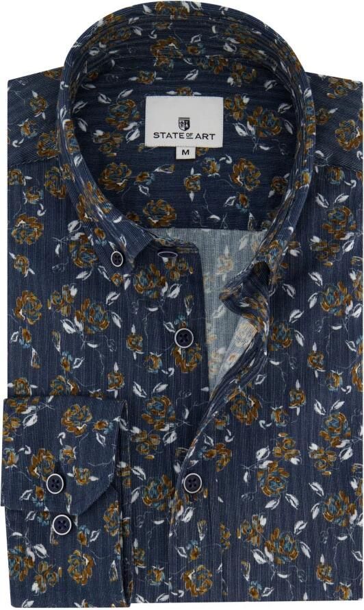 State of Art corduroy regular fit overhemd met all over print donkerblauw