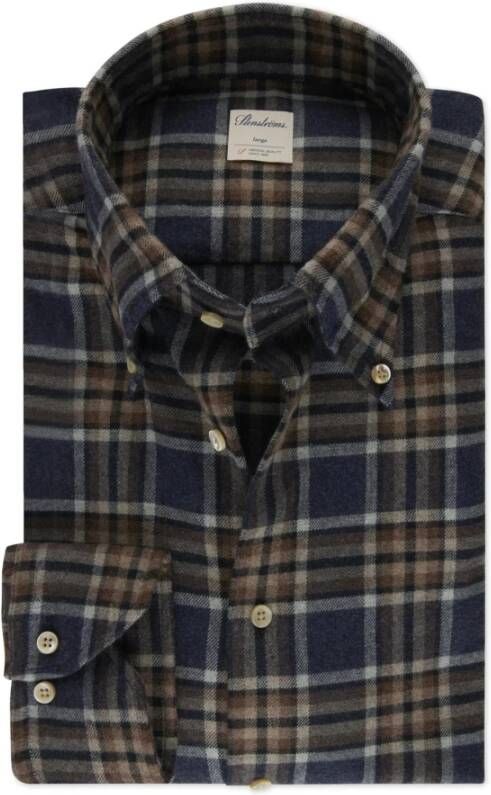 Stenströms Bruin Geruite Fitted Body Flanellen Overhemd Blauw Heren