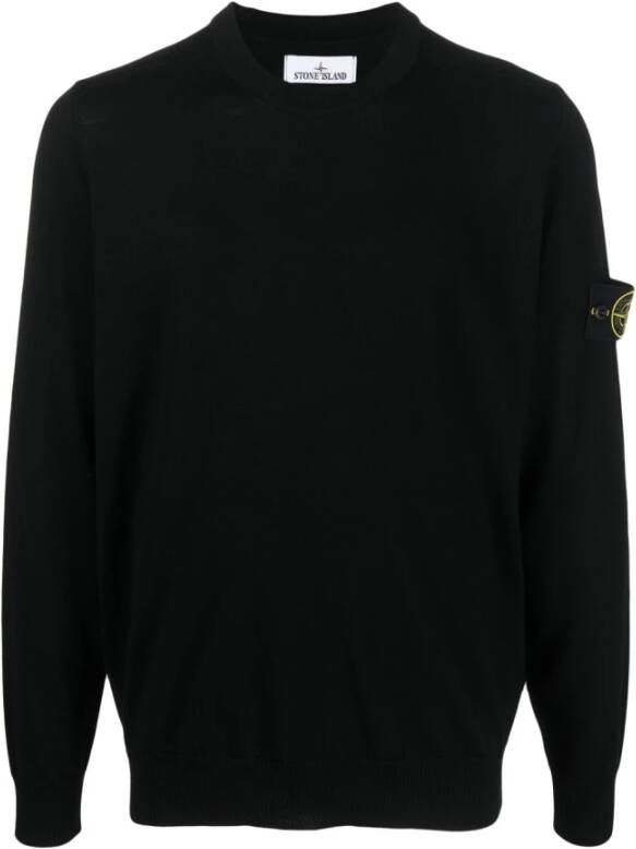 Stone Island Zwarte Ribgebreide Sweaters met Horizontale Gebreide Piping Black Heren