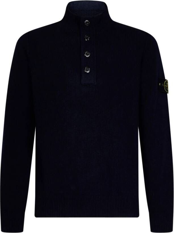 Stone Island Blauwe Wollen Trui met Halve Knoopsluiting Blauw Heren