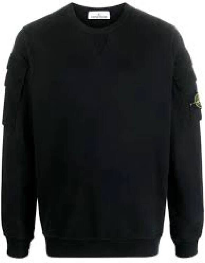 Stone Island Zwarte Ribgebreide Sweaters met Katoenen Canvas Mouwzakken Zwart Heren