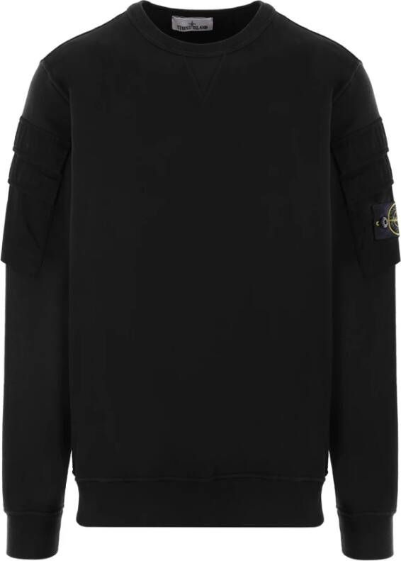 Stone Island Zwarte Ribgebreide Sweaters met Katoenen Canvas Mouwzakken Zwart Heren