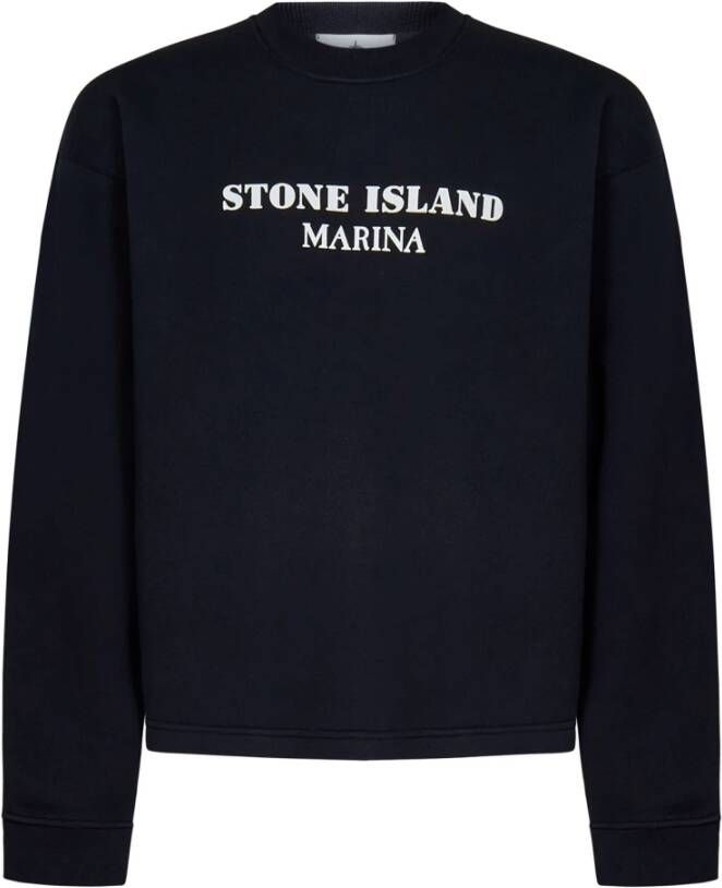 Stone Island Blauwe Geborstelde Katoenen Sweatshirt met Wit Logo Blauw Heren