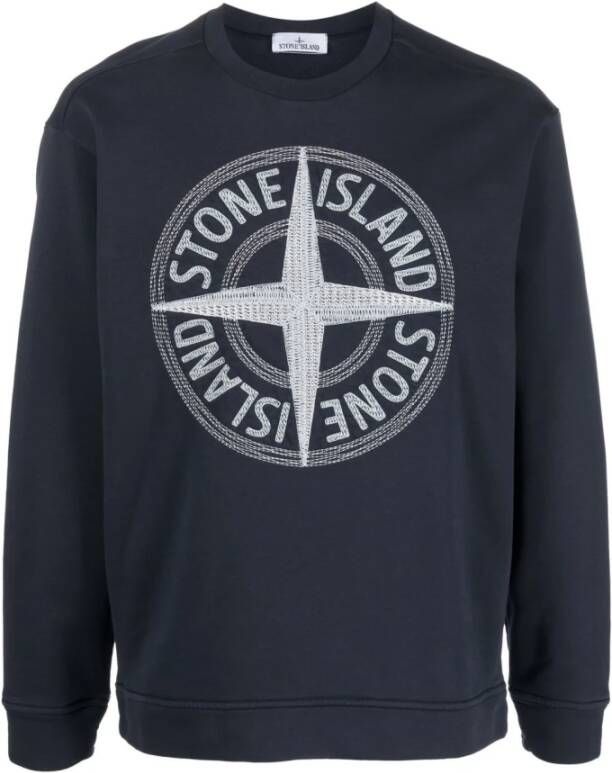 Stone Island Blauwe Crewneck Sweater met Geborduurd Compass Logo Blauw Heren