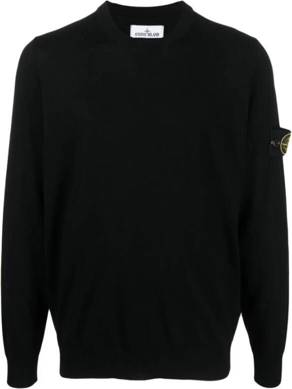 Stone Island Zwarte Ribgebreide Sweaters met Horizontale Gebreide Piping Zwart Heren