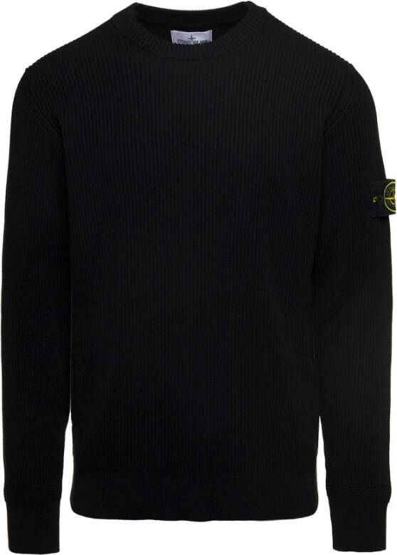 Stone Island Zwarte Geribbelde Gebreide Trui met Horizontaal Bandmotief Black Heren