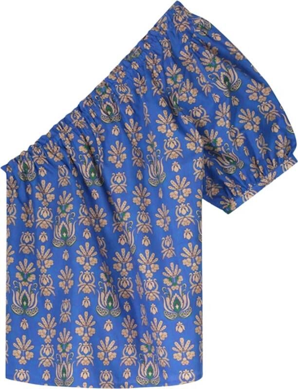 Summum Woman Blauwe One Shoulder Top met All-Over Ornament Print Blauw Dames