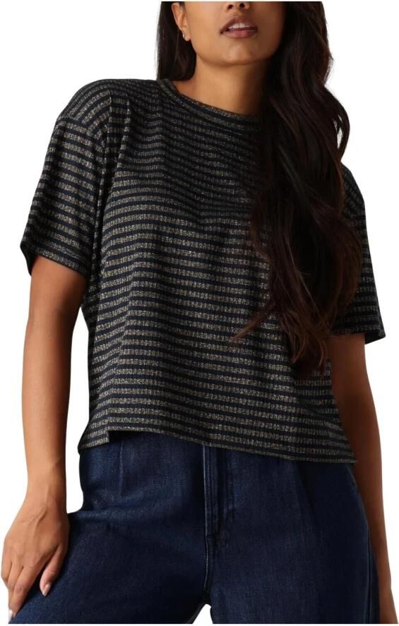 Summum Woman Gestreepte Geribbelde Korte Mouw Top Blue Dames