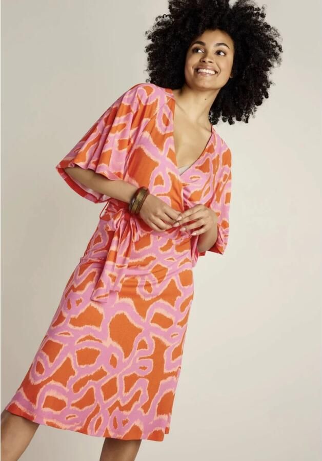 Summum overslagjurk met all over print en ceintuur oranje roze - Foto 8
