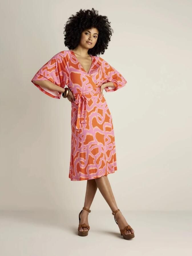 Summum overslagjurk met all over print en ceintuur oranje roze - Foto 3