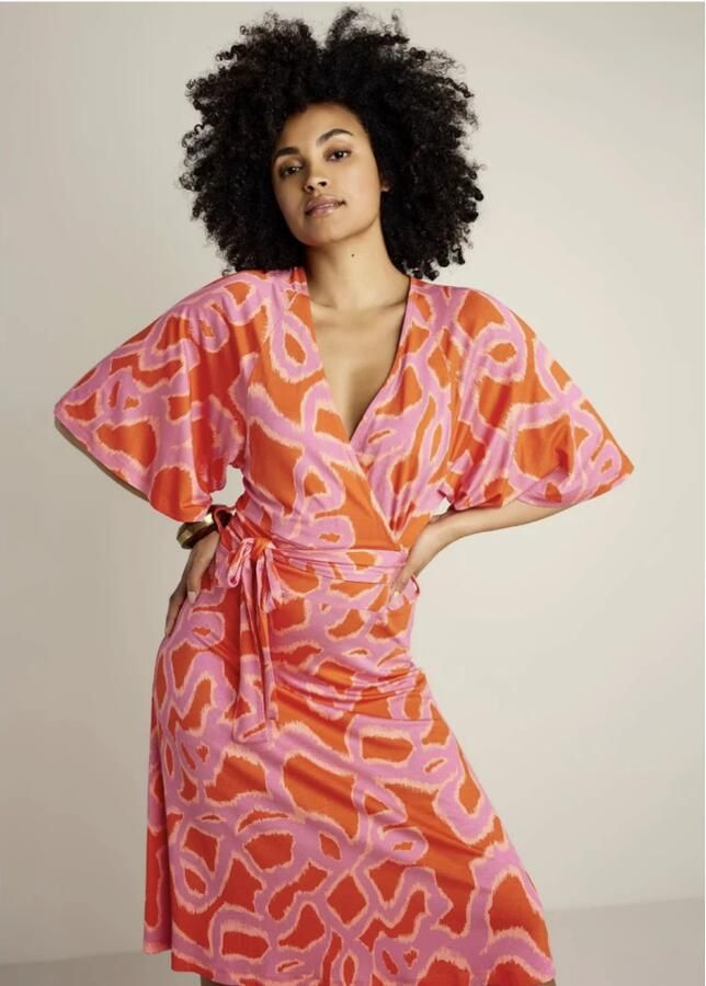 Summum overslagjurk met all over print en ceintuur oranje roze - Foto 5
