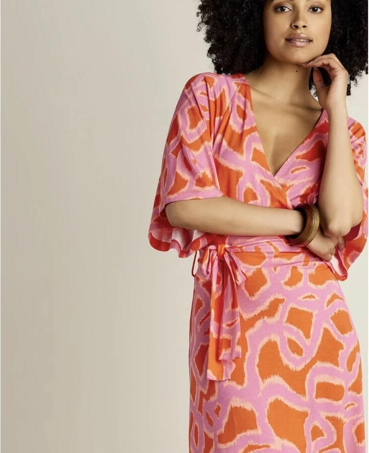 Summum overslagjurk met all over print en ceintuur oranje roze - Foto 2