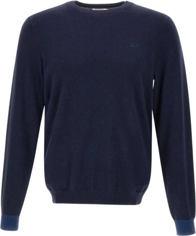 Sun68 Blauwe Sweaters met Ronde Elleboog Contrast Blauw Heren
