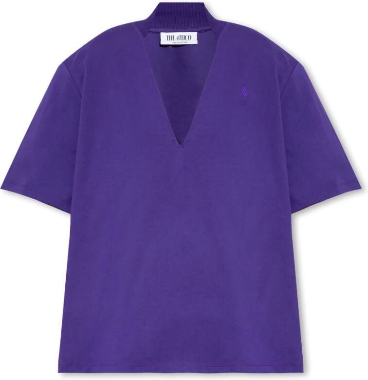 The Attico Paars Katoenen V-Hals T-Shirt met Tonaal Logo Borduursel Purple Dames