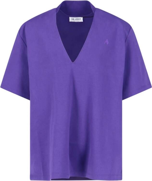 The Attico Paars Katoenen V-Hals T-Shirt met Tonaal Logo Borduursel Purple Dames