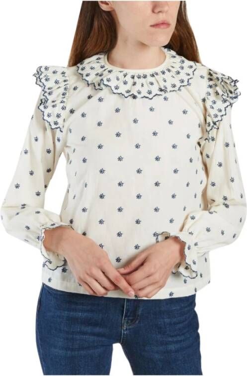 The New Society Geborduurde Ecru Katoenen Blouse met Gerimpelde Details White Dames