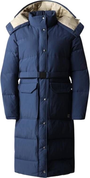 The North Face Blauwe gewatteerde lange jas met afneembare capuchon Blue Dames