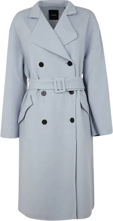 Theory Wool Double Breasted Belted Coat Grijs Dames