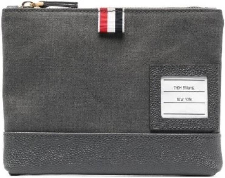 Thom Browne Middengrijze Wol en Leren Twill Geweven Rits Pouch Gray Heren