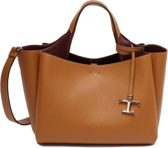 TOD'S Mini Leren Tas met Dubbel Handvat en `T` Hanger Bruin Dames