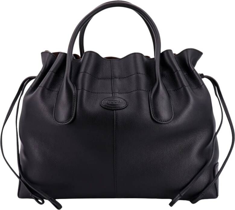 TOD'S Zwarte Leren Handtas met Frontaal Logo Patch Zwart Dames