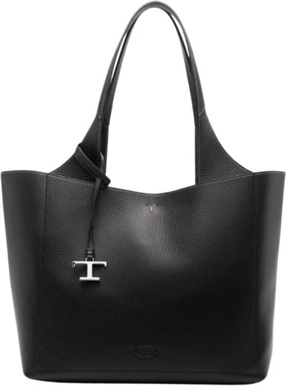 TOD'S Zwarte leren tote tas met logo-charm Zwart Dames