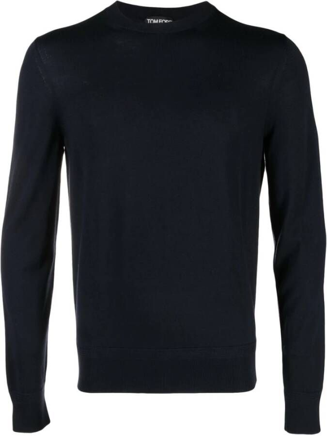 Tom Ford Navy Blauwe Trui Geribbelde Ronde Hals Lange Mouw Blue Heren
