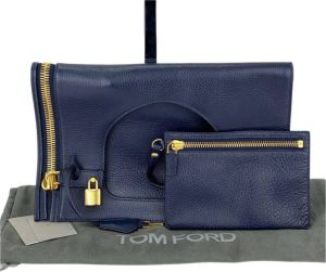 Tom Ford Pre-owned Bag Alix Fold-over Navy Pebbled Calfskin Leather Shoulder Bag B443 Blauw Dames