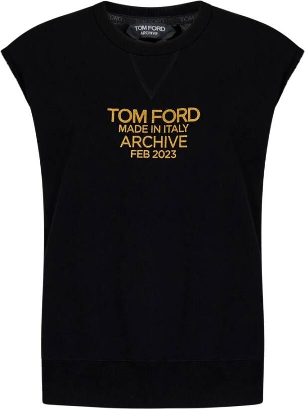 Tom Ford Zwarte Geribbelde Mouwloze Top met Gouden Logo Print Black Dames