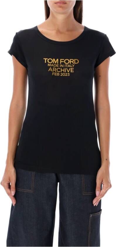 Tom Ford Zwarte zijden T-shirts en polos met gouden logo Black Dames