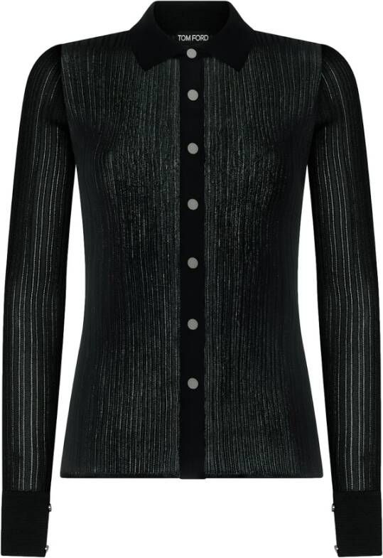 Tom Ford Zwarte Geribbelde Viscose Shirt Klassieke Kraag Metalen Knoopsluiting Zwart Dames