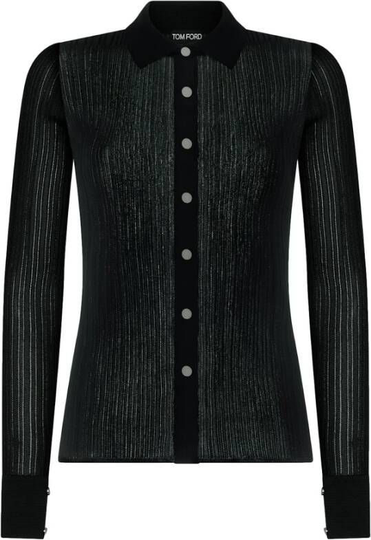 Tom Ford Zwarte Geribbelde Viscose Shirt Klassieke Kraag Metalen Knoopsluiting Zwart Dames