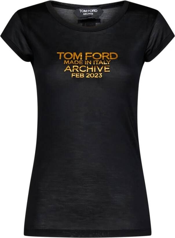 Tom Ford Zwarte zijden T-shirts en polos met gouden logo Zwart Dames