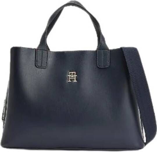 Tommy Hilfiger Blauwe Polyurethaan Handtas met 2 Handvatten en Afneembare Schouderband Blauw Dames