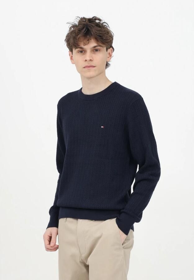 Tommy Hilfiger Blauwe Crew Neck Sweater Visgraatpatroon Blue Heren