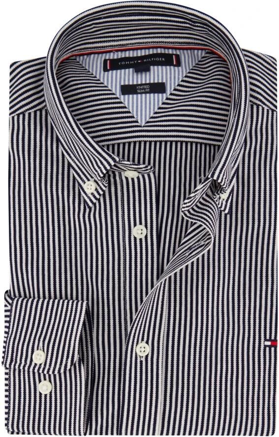 Tommy Hilfiger gestreept gebreid slim fit overhemd 1985 carbon navy optic white