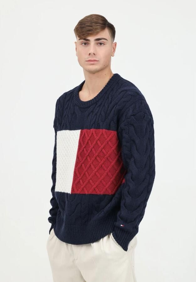 Tommy Hilfiger Trui met ronde hals CABLE FLAG SWEATER met colorblocking-ontwerp aan de voorkant - Foto 9