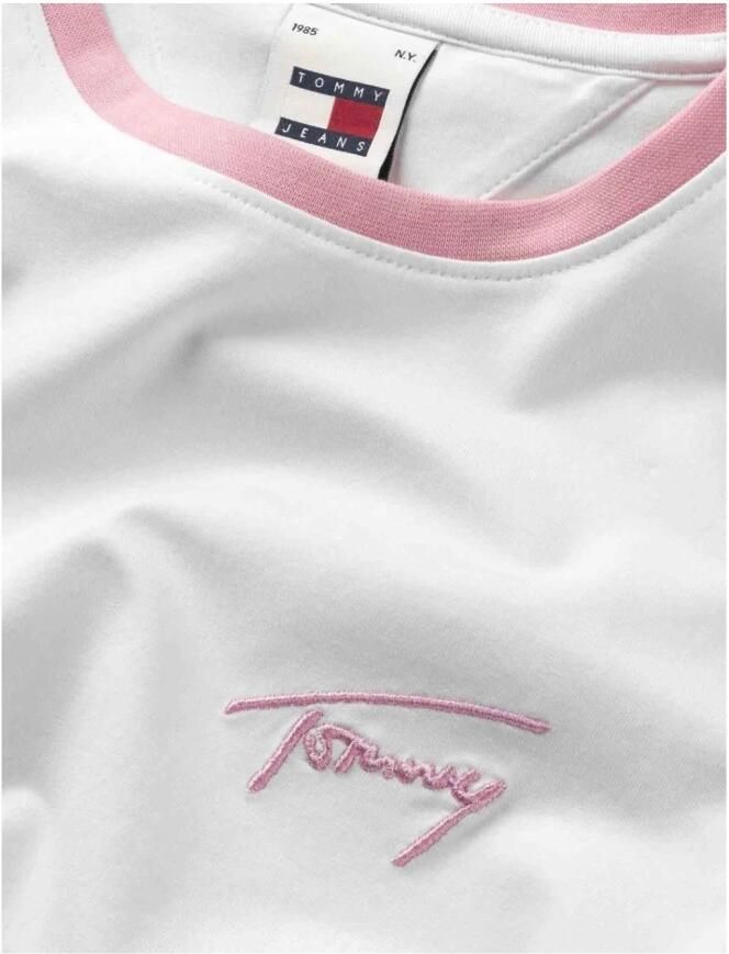 Tommy Hilfiger Handtekening Slim Tee met Roze Borduurwerk White Dames