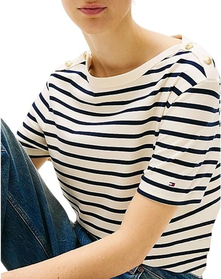 TOMMY HILFIGER Dames Tops & T-shirts Reg Stripe Gold Btn C-nk Ss Ecru