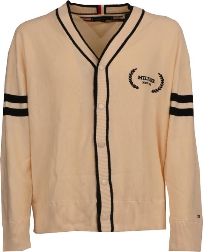 Tommy Hilfiger Organisch Katoen V-Hals Vest Gestreepte Mouwen Beige Heren