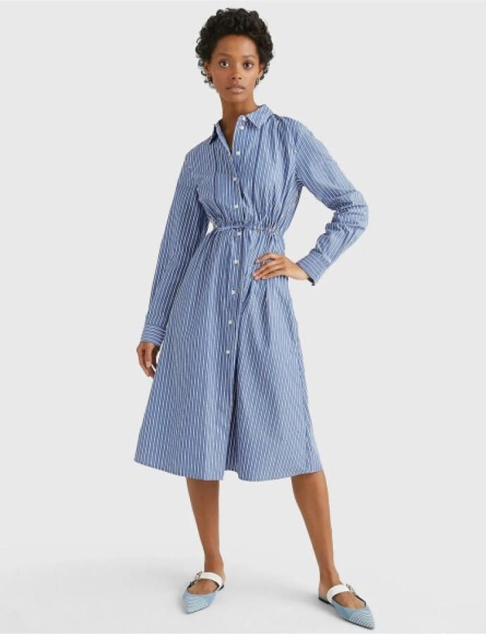 TOMMY HILFIGER Dames Jurken Org Co Stripe Midi Shirt Dress Blauw wit Gestreept