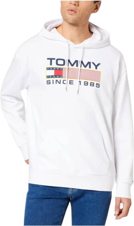 Tommy Hilfiger Katoenen Sweatshirt met Logo Print en Vaste Capuchon White Heren