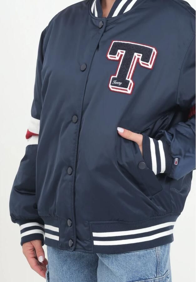 Tommy Jeans jack met all over print en borduursels donkerblauw rood wit