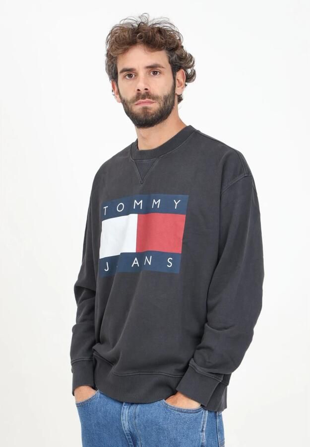 Tommy Hilfiger Zwart Bedrukte Gebreide Trui Lange Mouwen Ronde Hals Black Heren