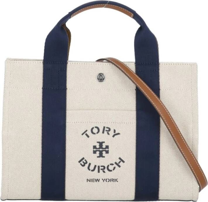 TORY BURCH Beige Katoenmix Handtas met Afneembare Schouderband Beige Dames