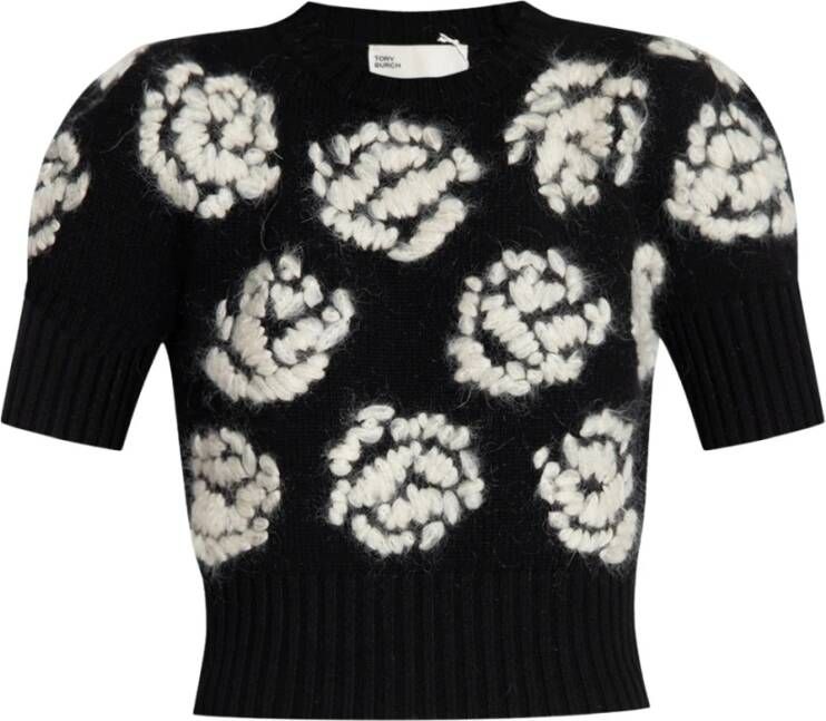 TORY BURCH Bloemen Geborduurde Gebreide T-shirt Black Dames