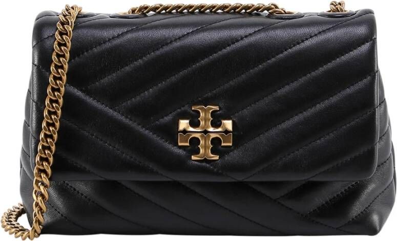 TORY BURCH Matelassé Leren Schoudertas met Frontaal Logo Zwart Dames