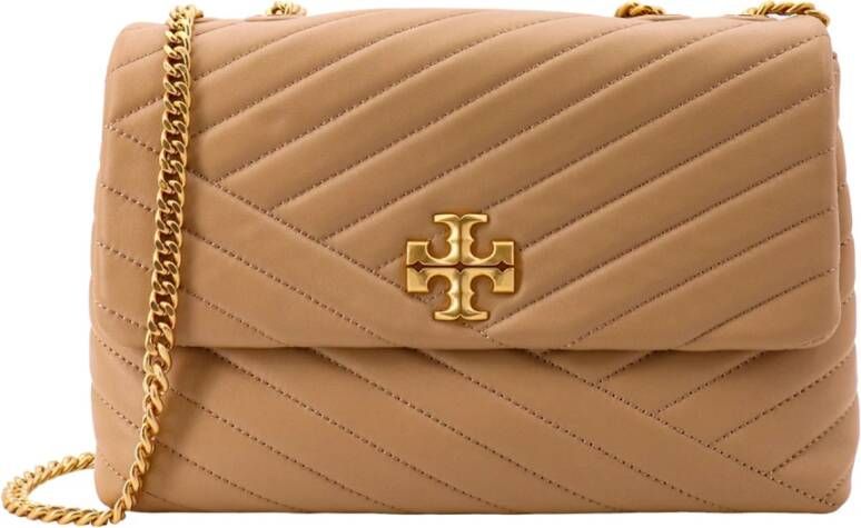 TORY BURCH Matelassé Leren Schoudertas met Metalen Logo Beige Dames